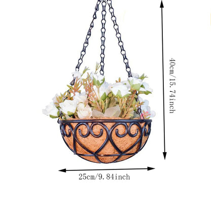 Coconut Brown Round Iron Chain Hanging Basket – European Style Flowerpot for Succulents & Chlorophytum Comosum Plants