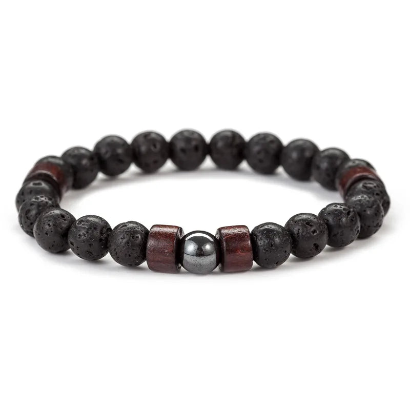 8mm Volcanic Lava Stone Bracelet - Handmade Elastic Beaded Bracelet for Men with Wooden Tibetan Buddha Style
