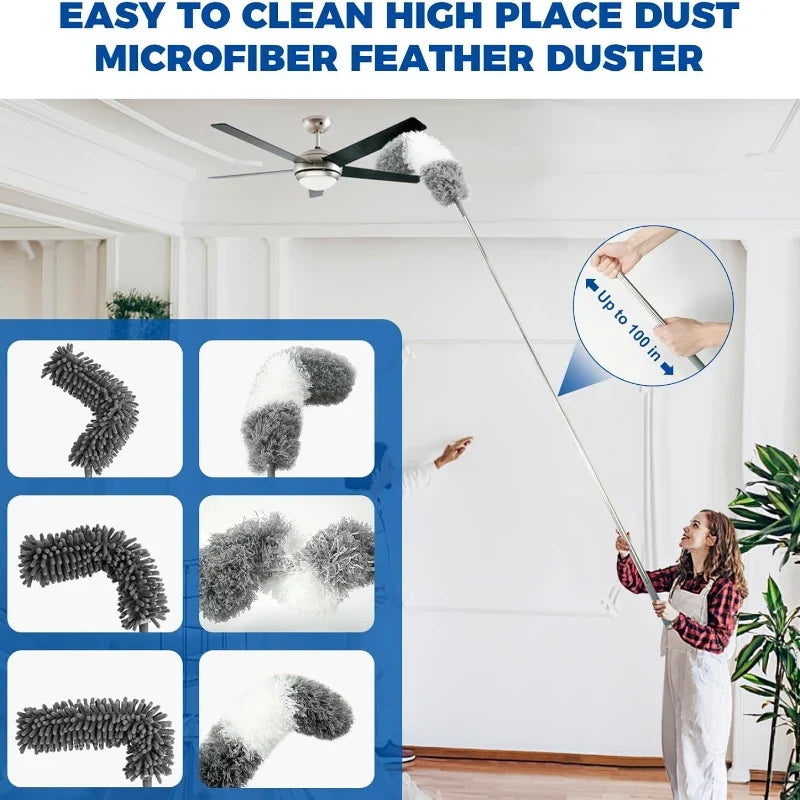 2.8M Extendable Microfiber Duster - Curved Ceiling Cleaning Brush with Electrostatic Dust Collector Pole