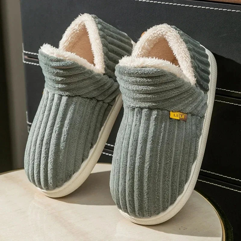 Winter Couple Striped Plush Slippers – Soft Non-Slip Warm Cotton Home Shoes for Men & Women