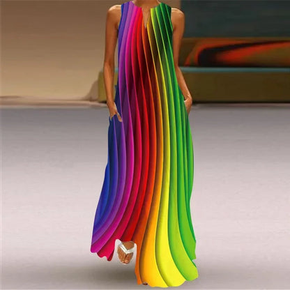 Women’s Retro V-Neck Summer Dress - Sleeveless Printed Maxi Swing Skirt with Loose Comfortable Fit