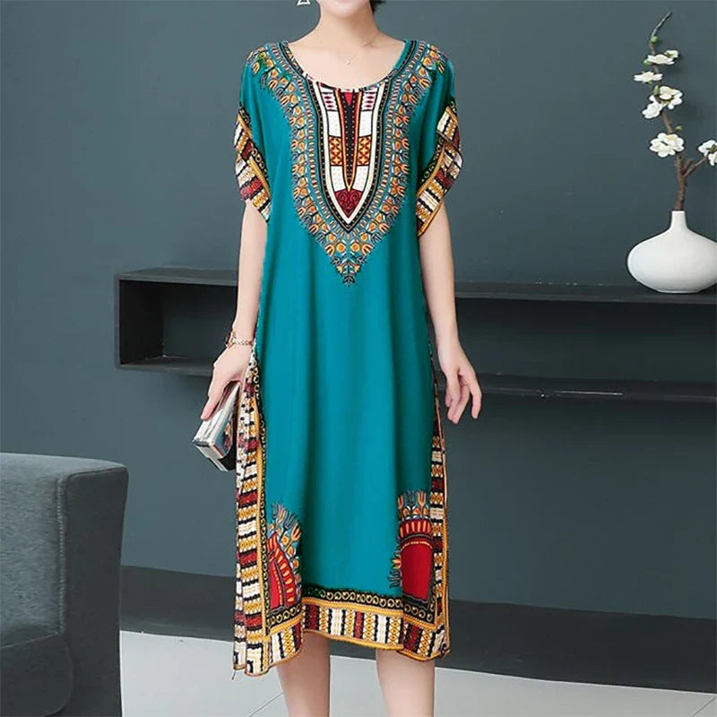 Women’s Bohemian Floral Tunic Dress - Retro Ethnic Print Batwing Sleeve Loose Summer Maternity Streetwear