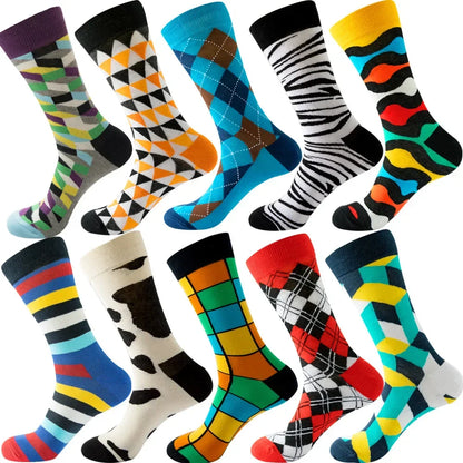 10-Pair Big Size Crew Socks Pack - 38 Style Funny Rhombus Casual Fashion Socks for Men