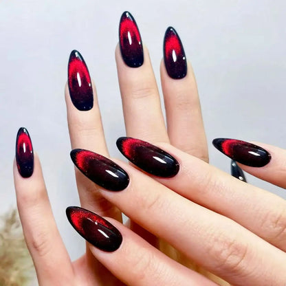 24PCS Glossy Red Cat Eye Press-On Nails Almond Full Cover Reusable Fake Nail Set