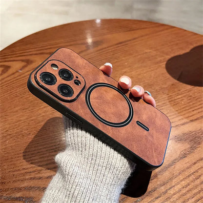 Luxury Cortex Leather Magnetic Phone Case - Wireless Charging Shockproof Bumper Cover for iPhone 12, 13, 14, 15, 16 & 17 Pro Max