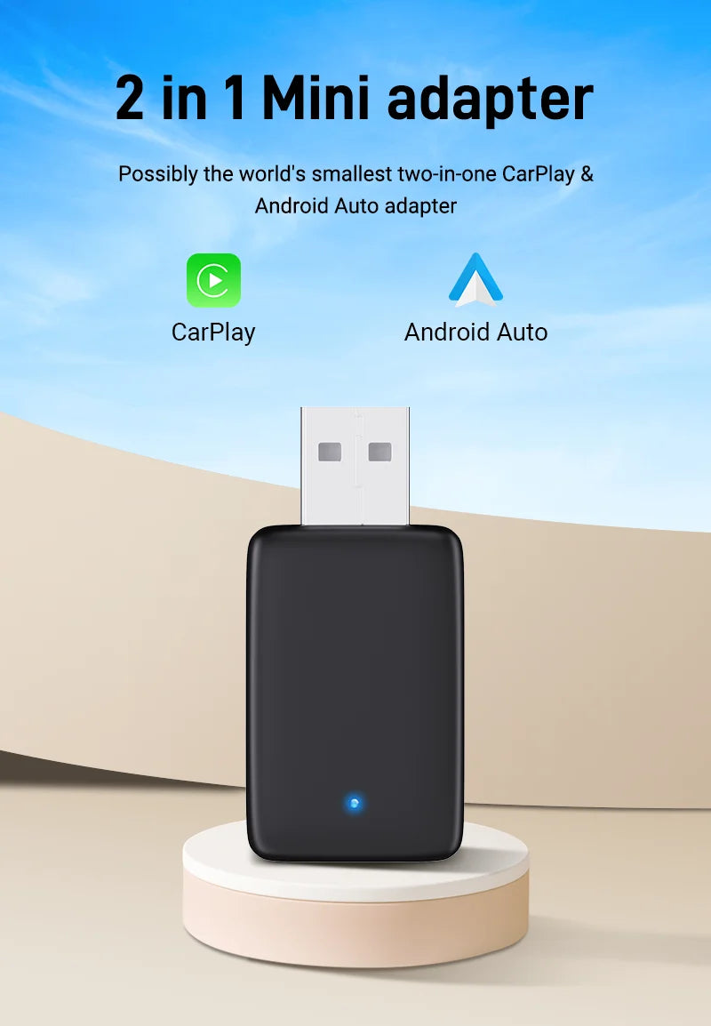 2025 Wired to Wireless CarPlay 2 in 1 Mini Adapter – Android Auto Smart Box, Plug & Play, OTA Update, Universal Compatibility
