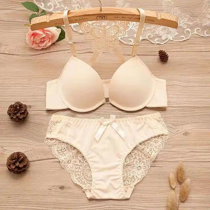 Women Butterfly Front Buckle Bra & Brief Set – Detachable Double Strap Sexy Sheer Lingerie Romantic Underwear Set
