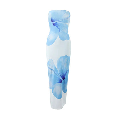 Women’s Floral Strapless Maxi Dress - High Waist Slim Fit Summer Vacation & Evening Party Dress