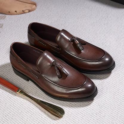 Men’s Genuine Leather Tassel Loafers - Handmade Slip-On Casual Dress Shoes for Office Wedding and Daily Wear