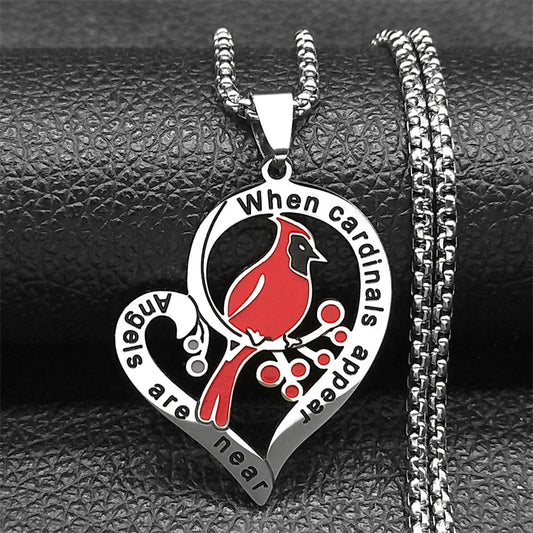 Heart Love Cardinals Pendant Necklace - Stainless Steel Silver Tone Family Amulet Chain Jewelry Gift for Women & Men