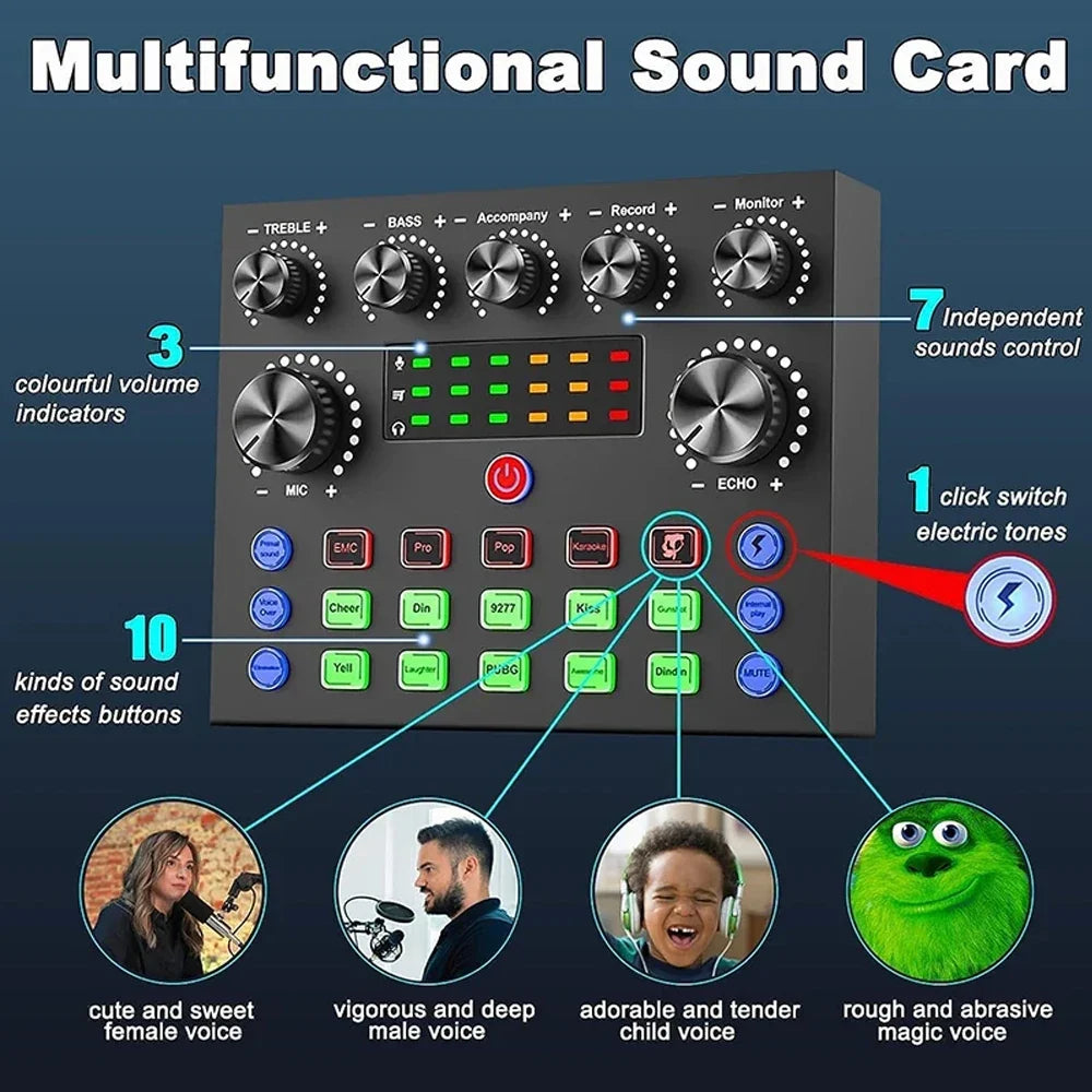 V8S Live Sound Card Podcast Kit - DJ Broadcast Audio Mixer with BM800 Microphone for Music Recording & Live Streaming