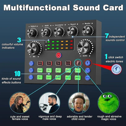 V8S Live Sound Card Podcast Kit - DJ Broadcast Audio Mixer with BM800 Microphone for Music Recording & Live Streaming