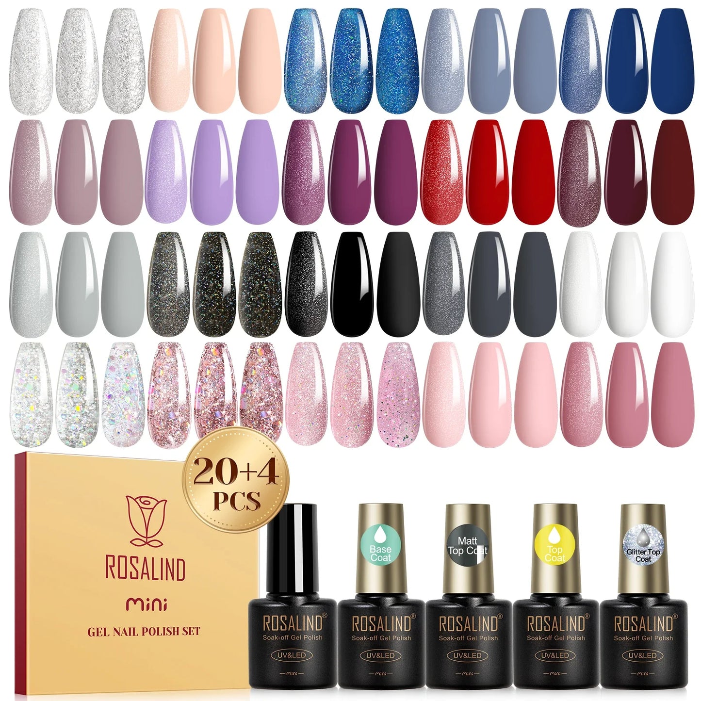 ROSALIND 24PCS Gel Nail Polish Set with Base & Top Coat – Long-Lasting Soak Off Nail Gel Kit