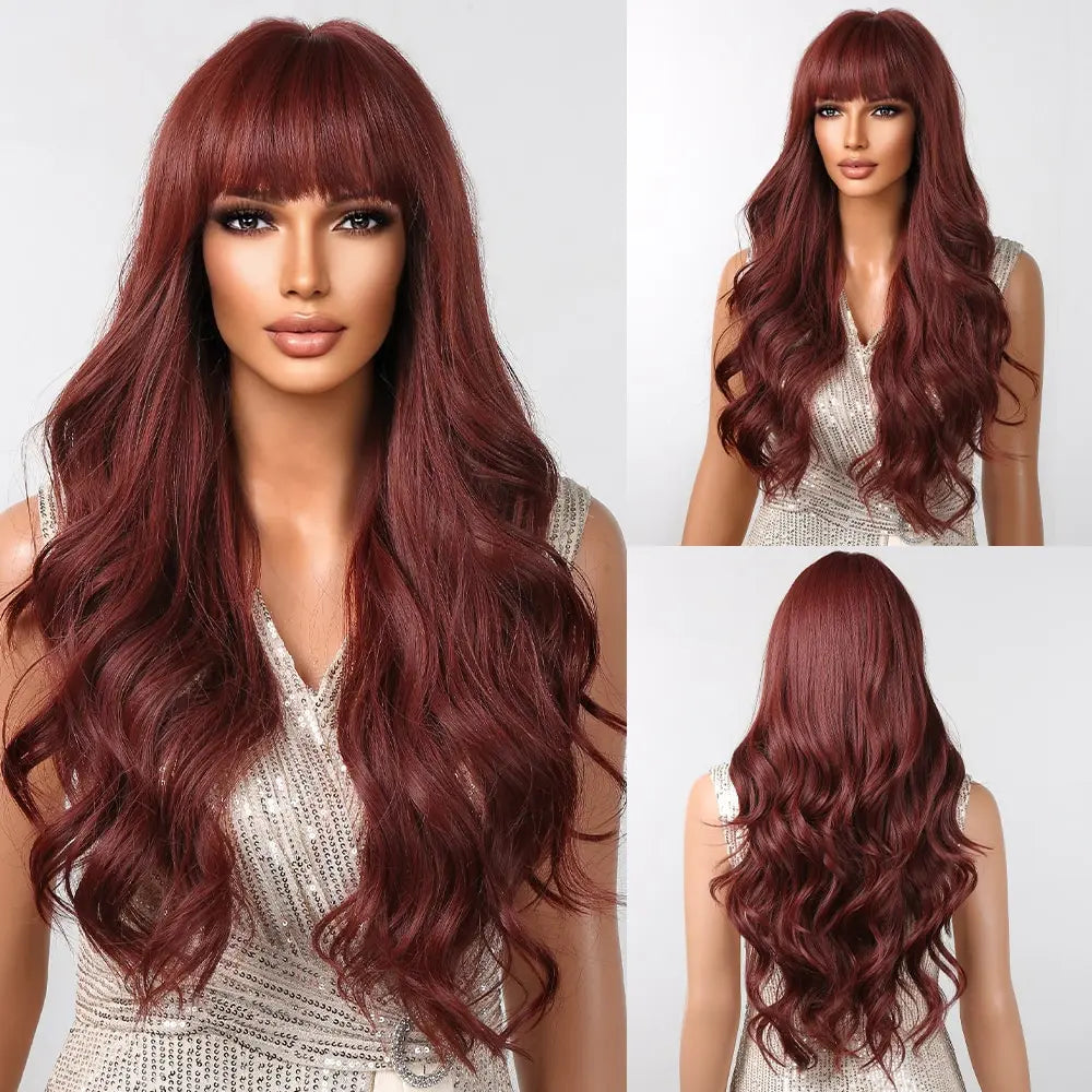 Brown Long Wavy Wig for Women with Bangs — Natural-Look Synthetic Hair, Heat-Resistant for Daily & Cosplay