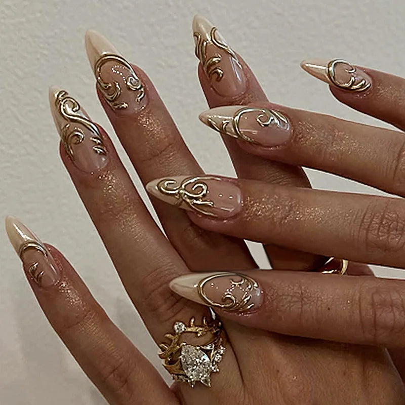 24Pcs French Press On Nails - Almond Fake Nail Tips with Glue, White Edge Design & Pink Stiletto Style Manicure Set