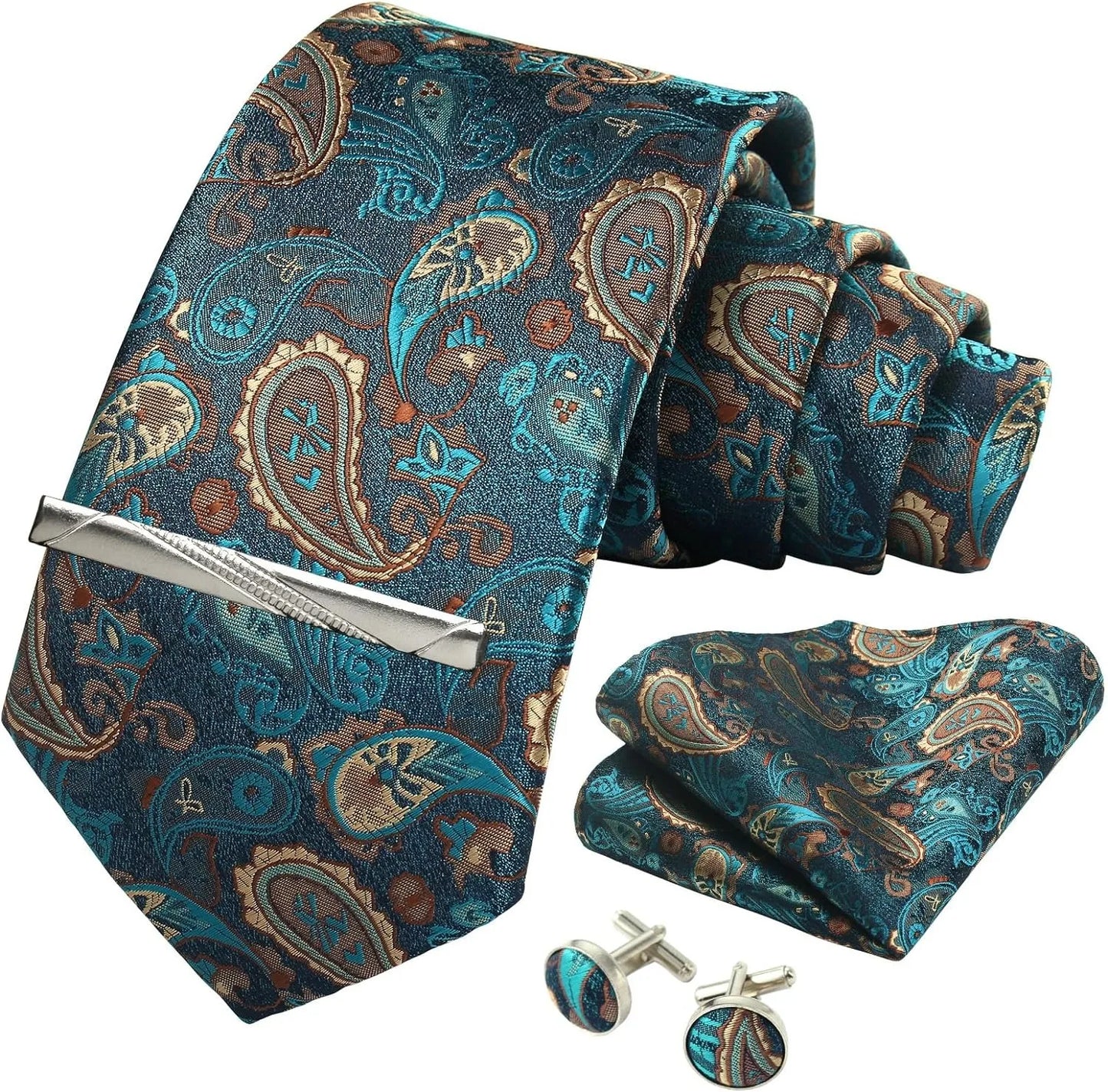 100% Silk Paisley Floral Necktie Set for Men - Premium Business Tie with Pocket Square Tie Clip Cufflinks Gift Box