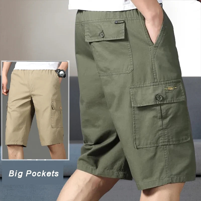 Men's Cargo Knee Shorts - Cotton Summer Climbing Jogger Pants with Zipper Pockets & Elastic Waist