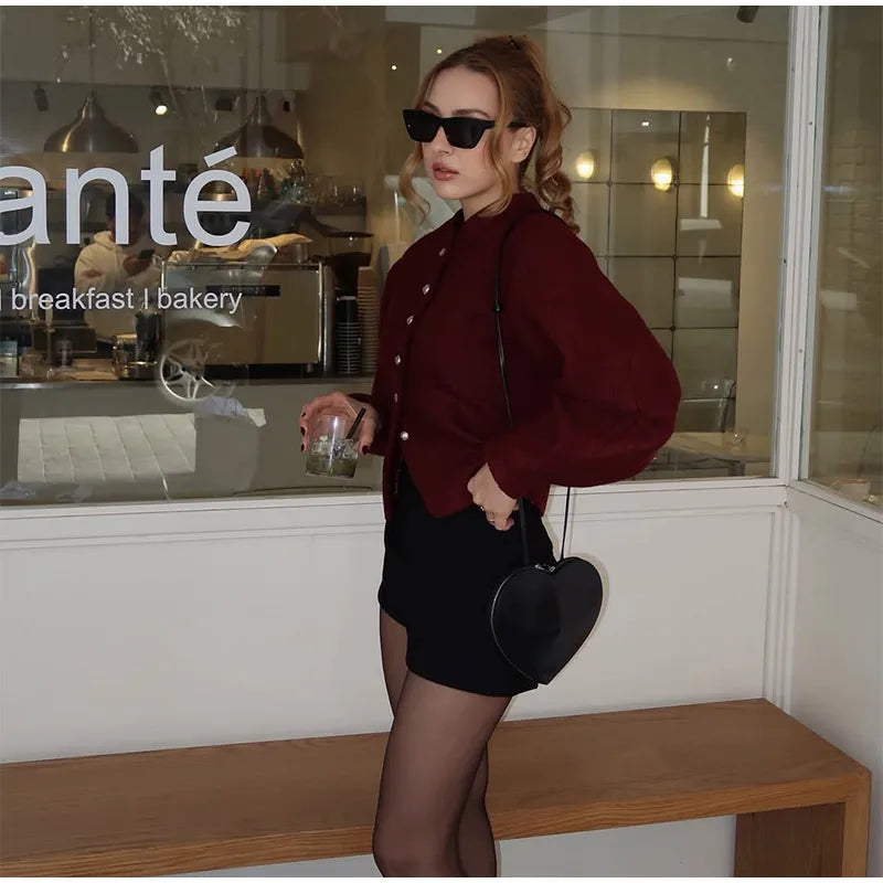 2025 Women's Burgundy Woolen Coat – Fashion Stand Collar, Puff Sleeves, Oversized Elegant High Street Jacket