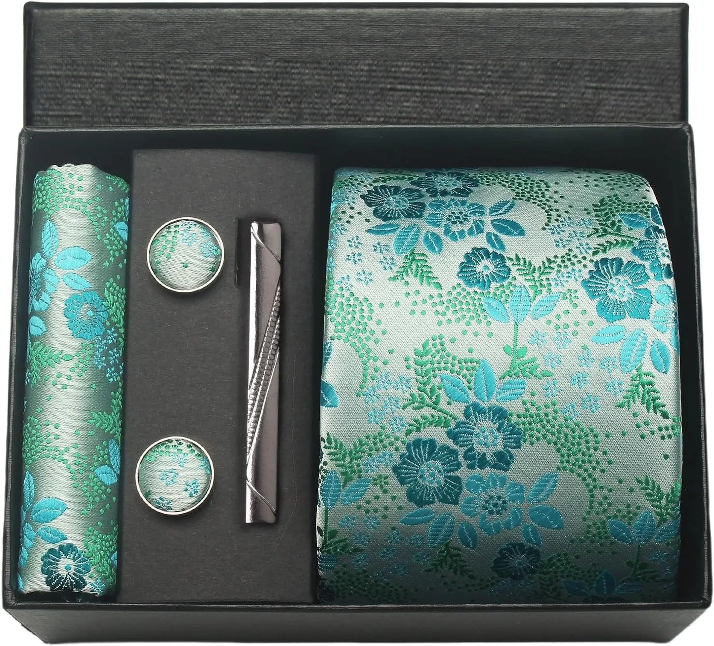 100% Silk Paisley Floral Necktie Set for Men - Premium Business Tie with Pocket Square Tie Clip Cufflinks Gift Box