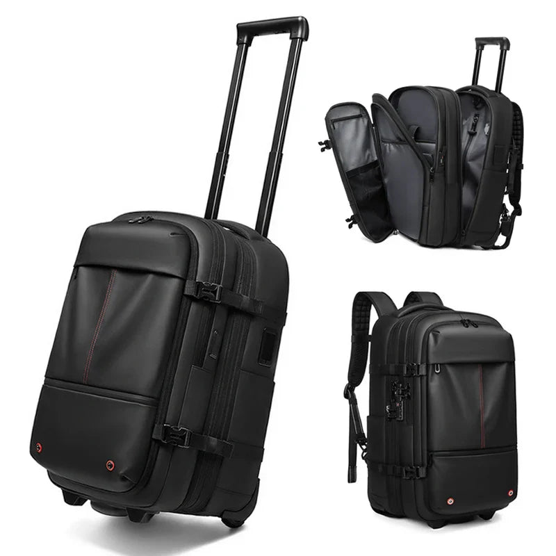 Travel Trolley Vacuum Compression Backpack — Wheeled Rolling Luggage Bag for Men, Boardable Business Travel
