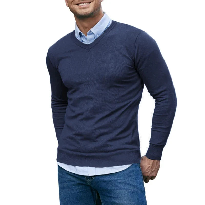 Men's V-Neck Knit Sweater - Soft Lightweight Long Sleeve Slim Fit Casual Pullover Autumn Top