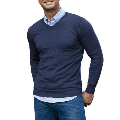 Men's V-Neck Knit Sweater - Soft Lightweight Long Sleeve Slim Fit Casual Pullover Autumn Top