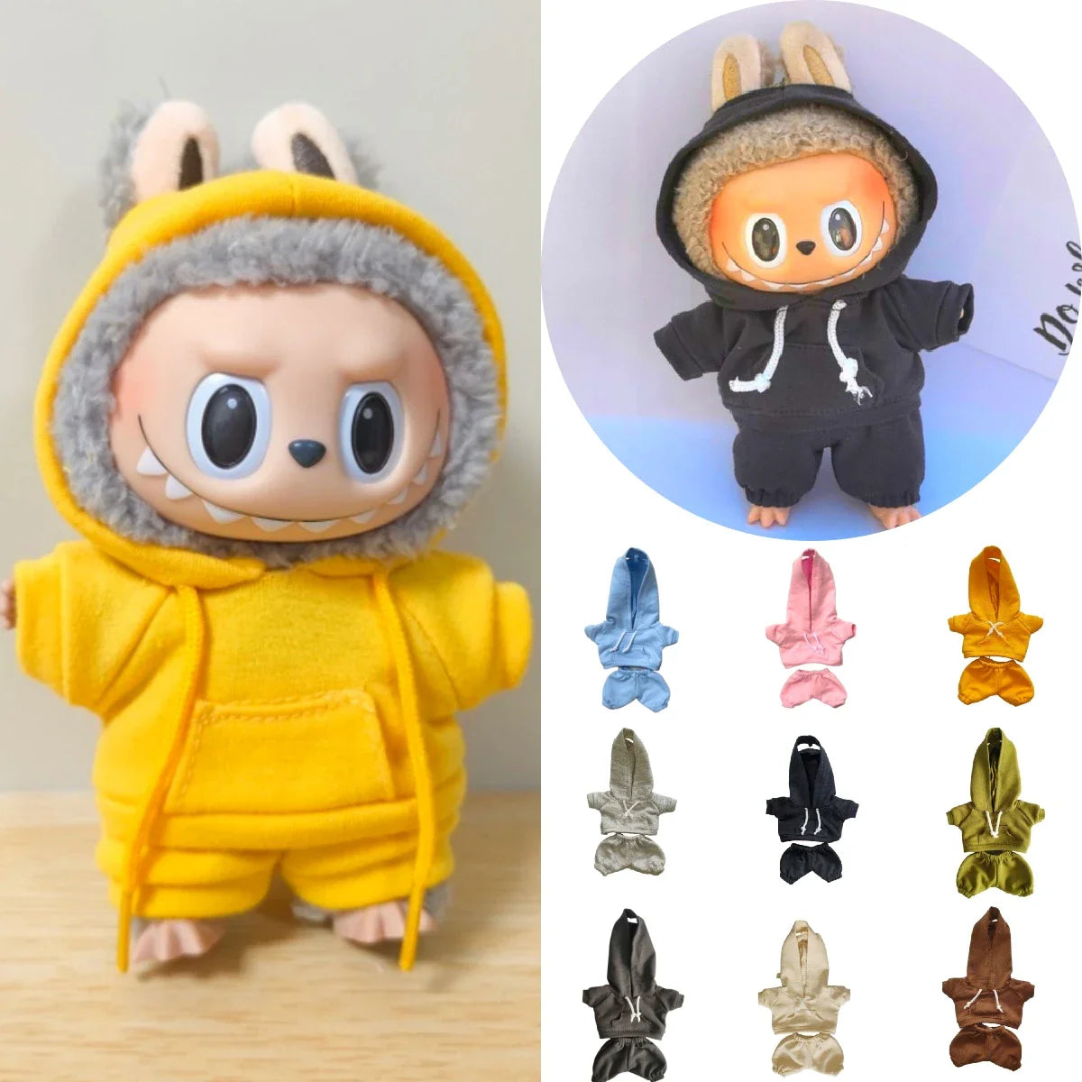 17cm Labubu Doll Outfit Set – Black Hoodie Sweatshirt & Pants, DIY Gift for Dolls
