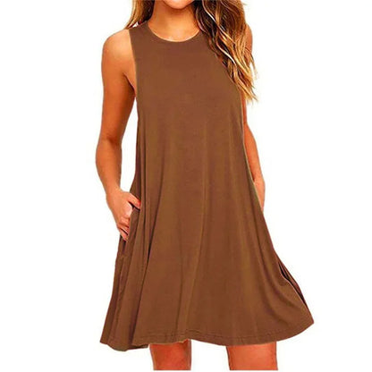 Women's Summer Casual T-Shirt Dress - Sleeveless Pleated Beach Cover-Up with Pockets