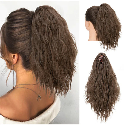 13-Inch Premium Synthetic Curly Claw Clip Ponytail – Blonde Brown Short Hairpiece, Fake Hair Extensions P064