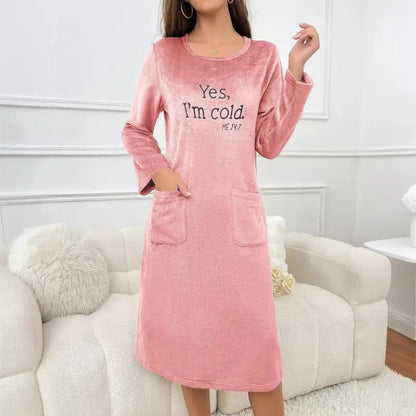 Women's Warm Fleece Nightgown - Soft Long Sleeve Velvet Home Dress for Autumn & Winter