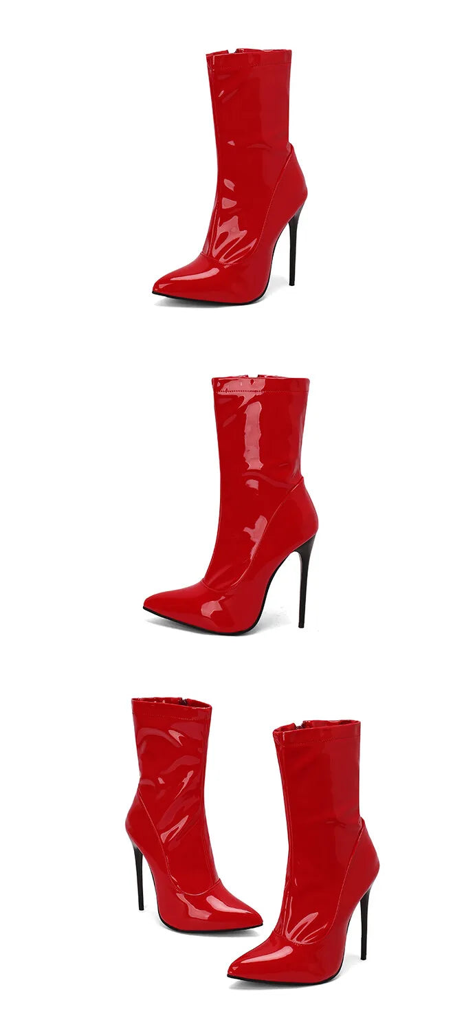 NASBAVI Women’s Patent Leather Ankle Boots - Pointed Toe Stiletto Heels for Autumn Winter Party Style