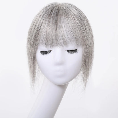 Light Grey Human Hair Topper with Thick Bangs – Clip-In 360° Coverage Hair Extensions for Women