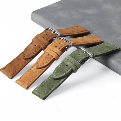 Suede Genuine Leather Watch Band - 18mm 19mm 20mm 22mm 24mm Vintage Handmade Stitching Strap For Seiko Huawei GT2 GT3 GT4