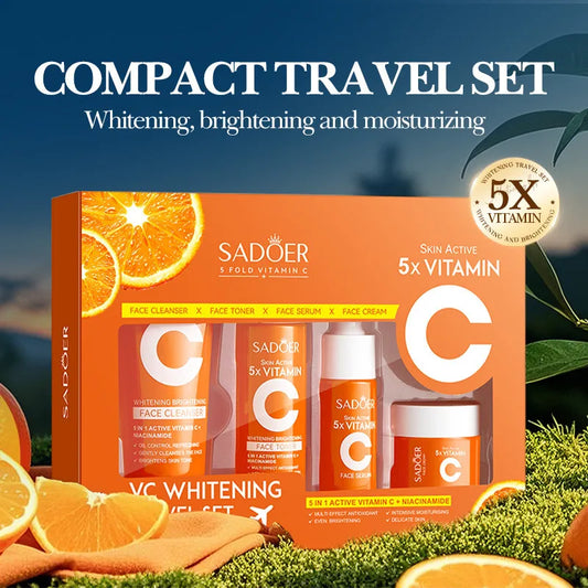 SADOER Vitamin C Skincare Kit - 4 Piece Whitening Moisturizing Travel Set with Cleanser Toner Serum & Face Cream