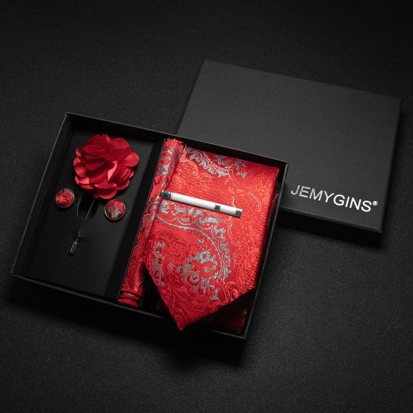 Wine Red Paisley Silk Tie Set for Men - Luxury Wedding Neck Tie with Pocket Square & Cufflinks Gift Box Accessories