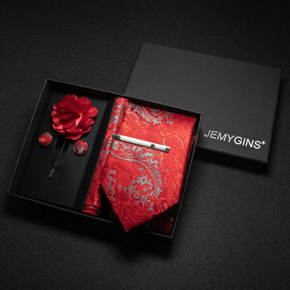 Wine Red Paisley Silk Tie Set for Men - Luxury Wedding Neck Tie with Pocket Square & Cufflinks Gift Box Accessories