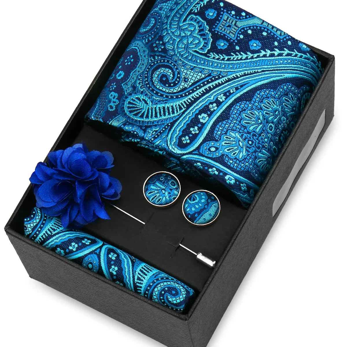 Elegant Men’s Necktie Gift Set - Fashion Tie with Handkerchief, Cufflinks & Brooch Pin Accessories for Business & Wedding