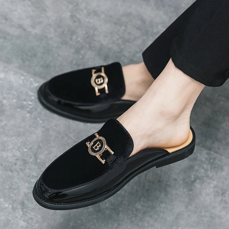 Men’s Suede Half Slippers - Patchwork Casual Metal Buckle Breathable Mules Driving Moccasin Shoes