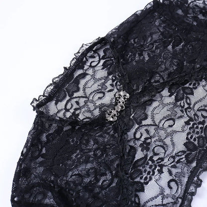 Lace Gothic See-Through Shrug Top – Black Flare Sleeve Crop Top, Vintage Punk Style for Women