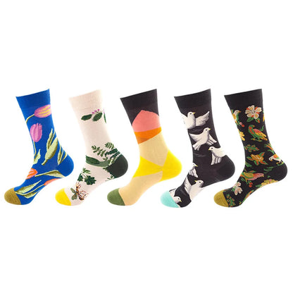 5-Pair Men’s Cotton Sports Socks Pack - Hip Hop Harajuku Pastel Print Long Tube Running Casual Socks