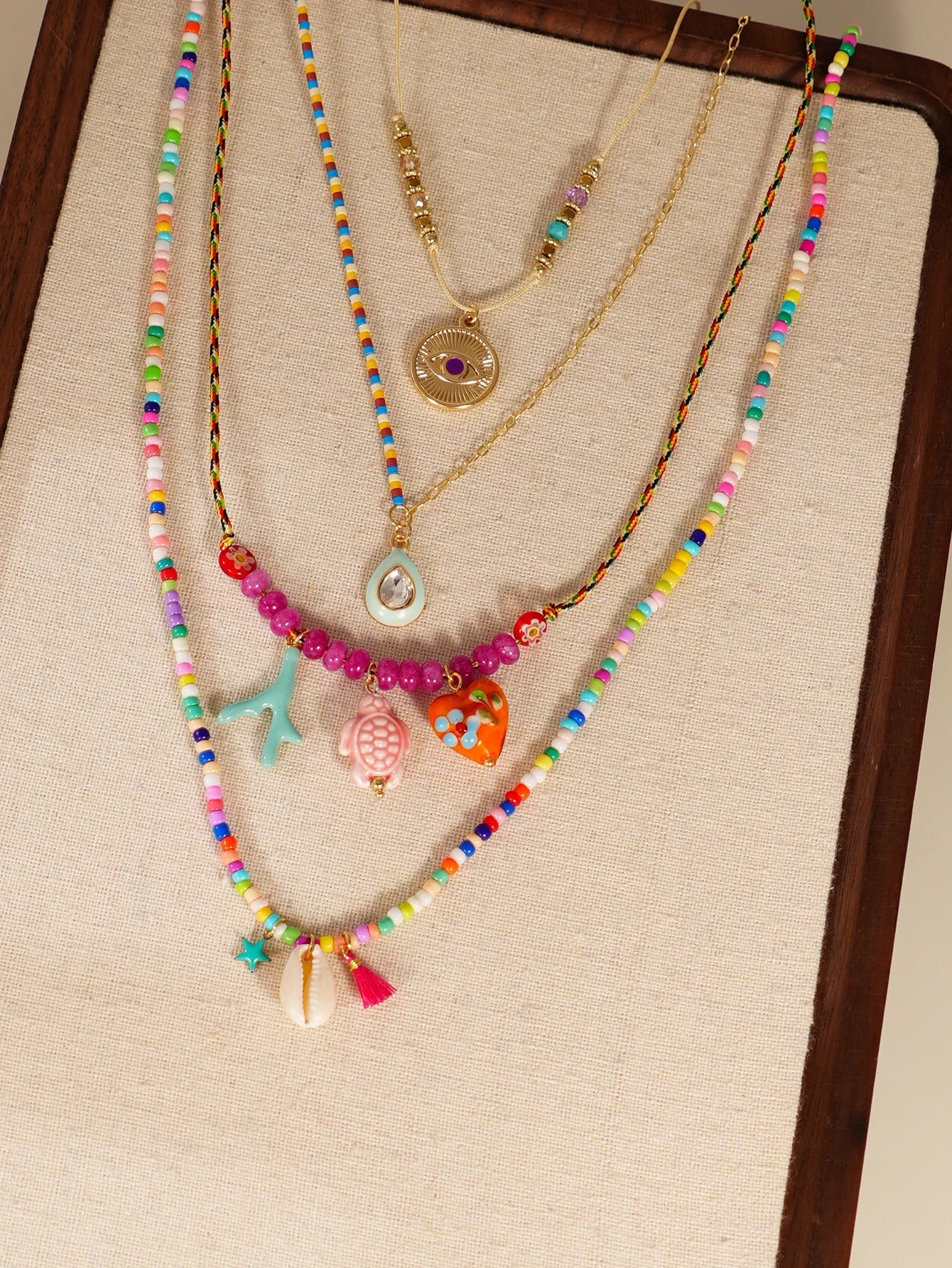 4pcs Bohemian Charm Necklace Set - Ethnic Devil’s Eye, Love Turtle Ceramic Pendant Multi Layer Party Jewelry