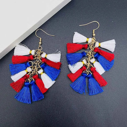 American Flag Drop Dangle Earrings - Patriotic 4th of July Teardrop Tassel Rhinestone Jewelry for Women