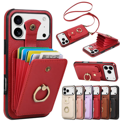 Leather Crossbody Wallet Phone Case with Zipper Card Slots – Lanyard Ring Holder Cover for iPhone 17/16/15/14/13/12/11 Pro Max & Plus