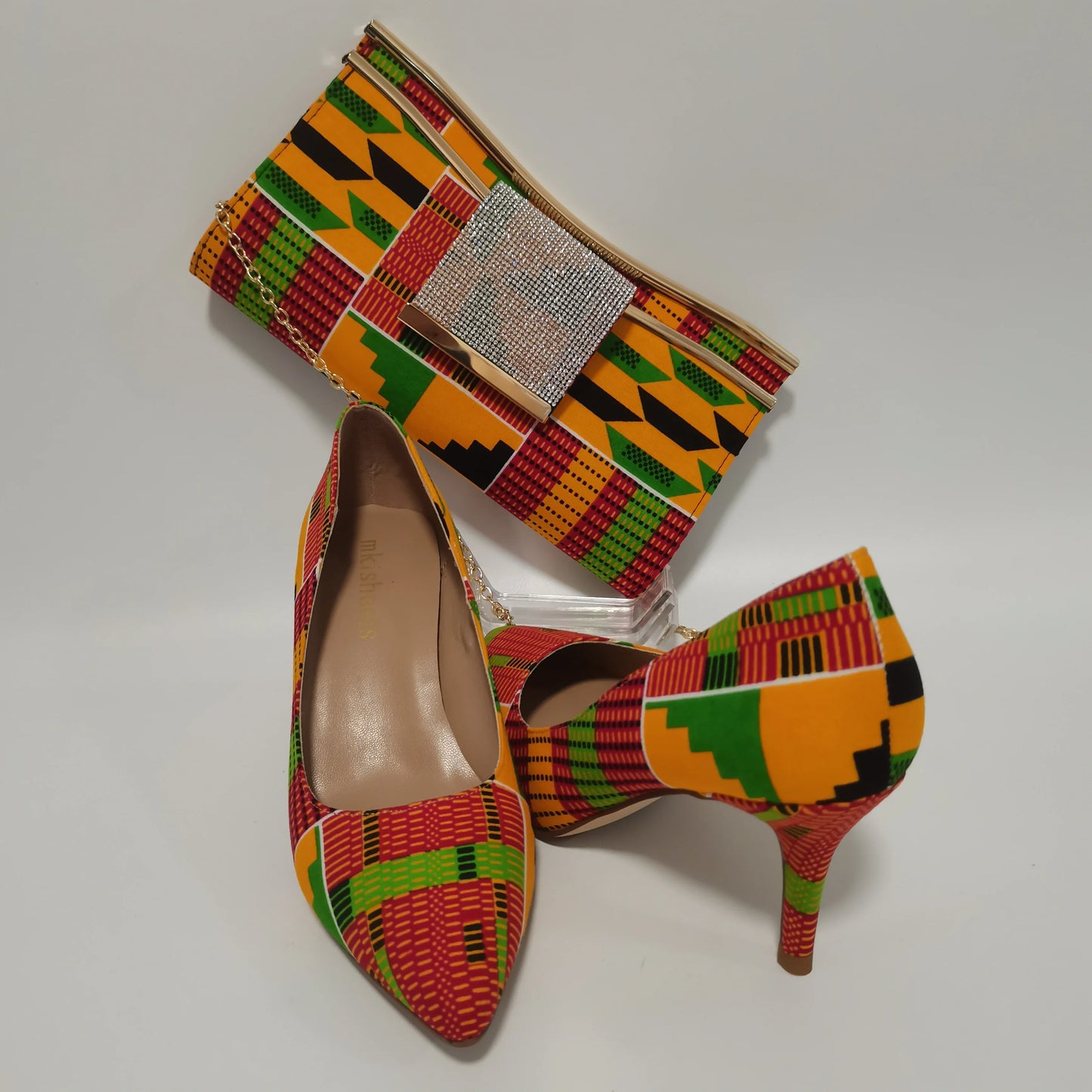 African Kente Print Women’s Shoe & Purse Set - Ankara Wax Print High Heels for Parties, Sizes 37-42