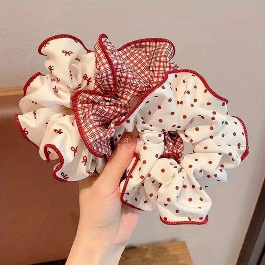 Red Dot Plaid Scrunchies - 2/3pcs Soft Elastic Hair Ties for Women & Girls, Cute Fashion Hair Accessories