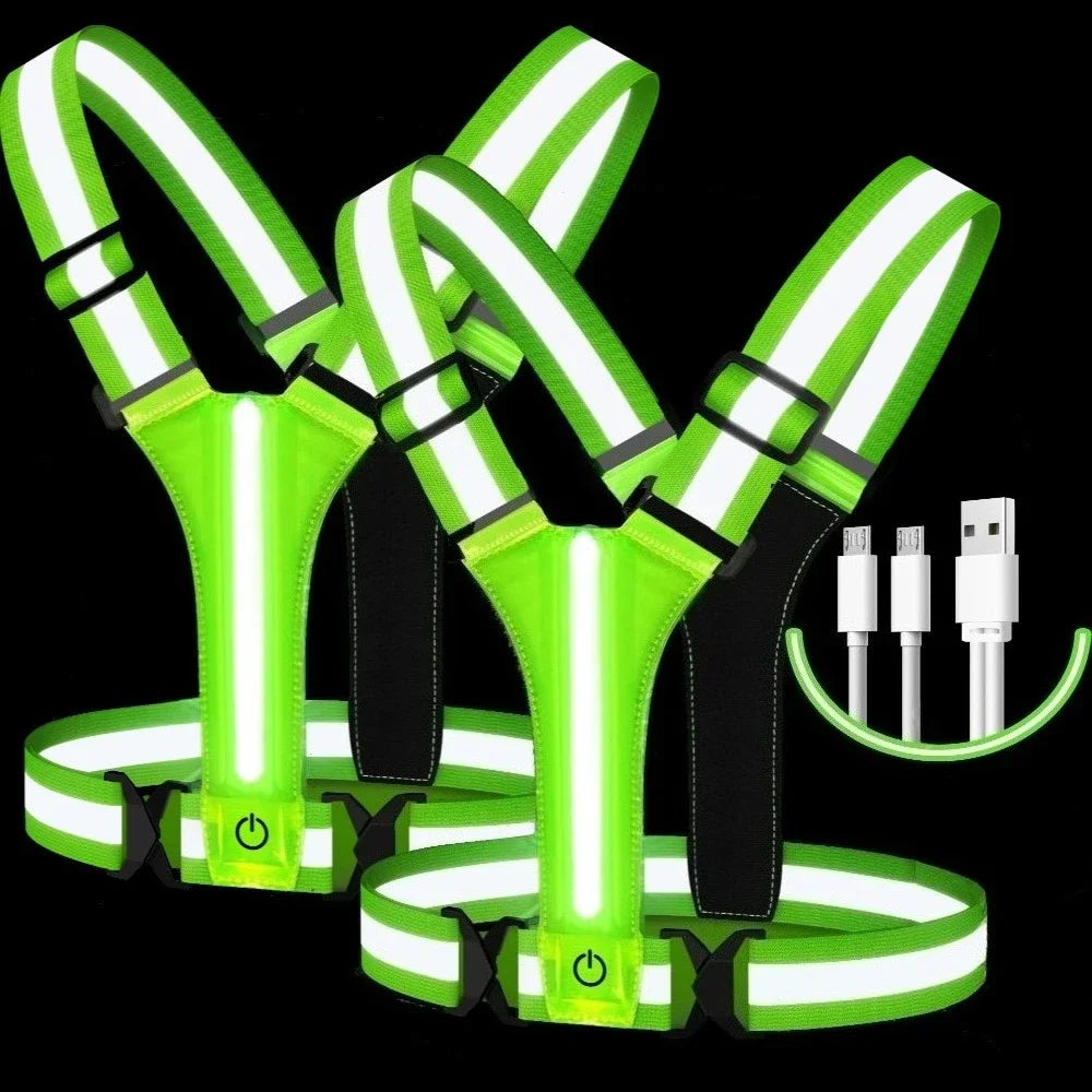 LED Running Vest – USB Rechargeable Reflective Glowing Straps for High Visibility Night Running & Cycling, Elastic Safety Band