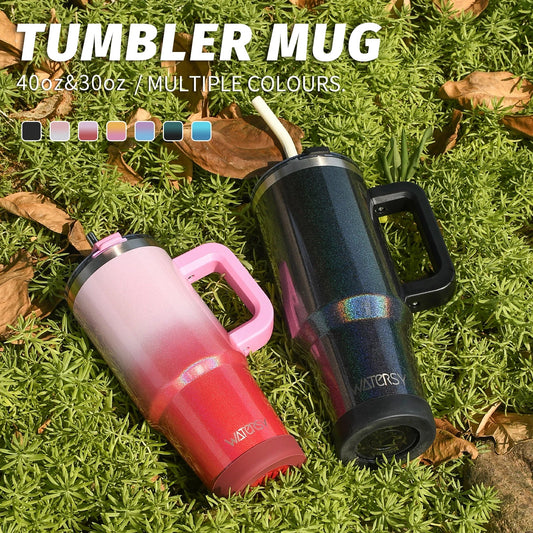 WATERSY 30oz/40oz Stainless Steel Insulated Tumbler with Handle & Straw – Large Capacity Thermal Travel Mug for Coffee & Cold Drinks