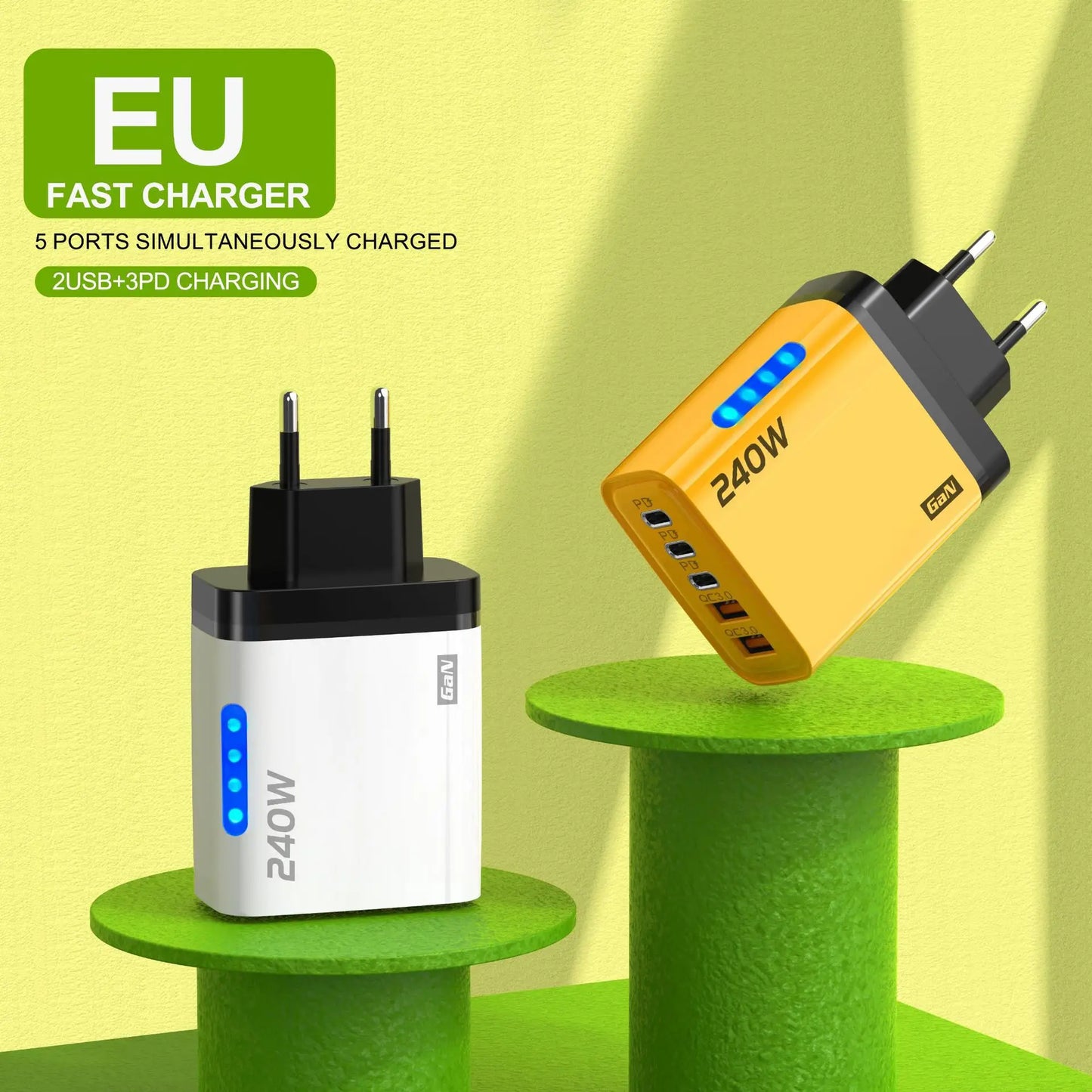 240W 5-in-1 GaN Fast Desktop Charger – USB-C Quick Charge 3.0 Adapter for iPhone Samsung Huawei