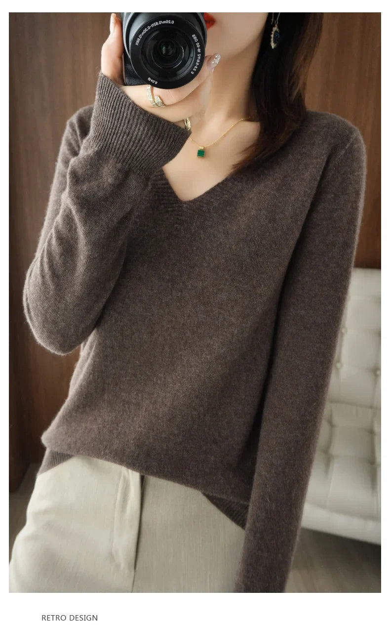 New Women’s Cashmere V-Neck Pullover – Lace Hollow Out Long Sleeve Knitted Sweater for Fall & Winter