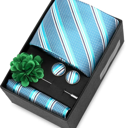 Elegant Men’s Necktie Gift Set - Fashion Tie with Handkerchief, Cufflinks & Brooch Pin Accessories for Business & Wedding
